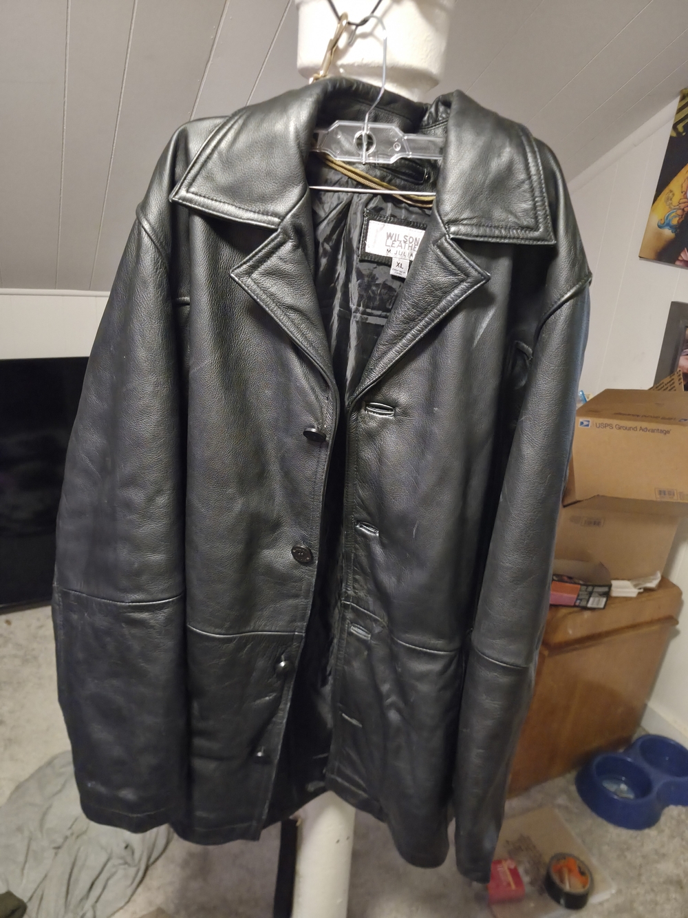 Wilsons Leather Black Men's Button-Front Leather Pea Coat